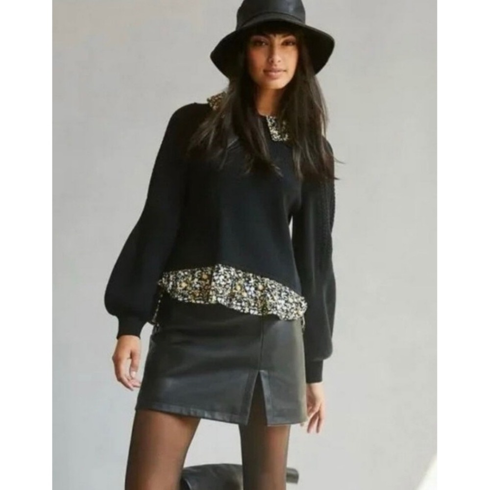 Maeve Anthropologie Black Layered Floral Collar Sweater Cable Knit Back Button